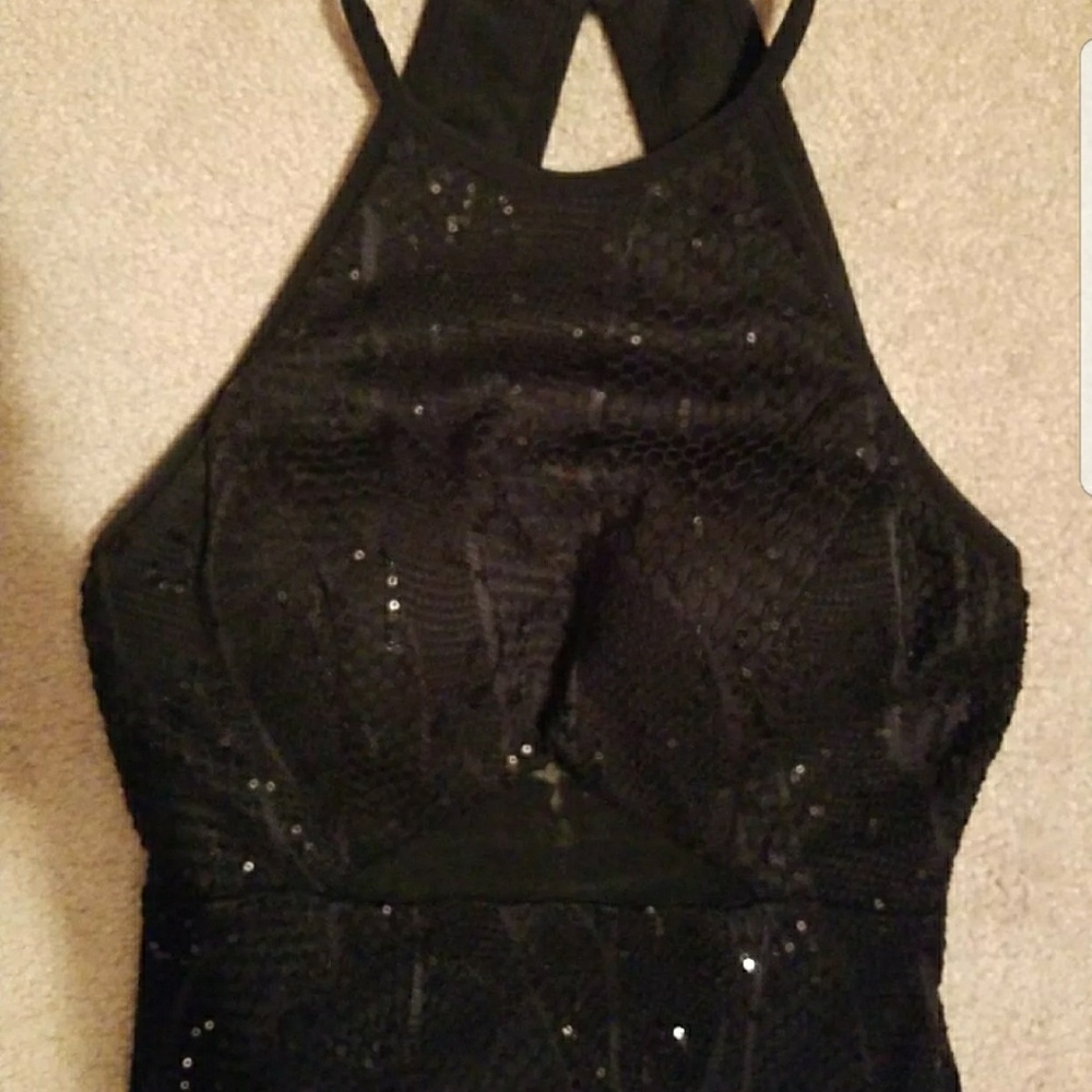 Xscape Black Sequin Halter Prom Dress